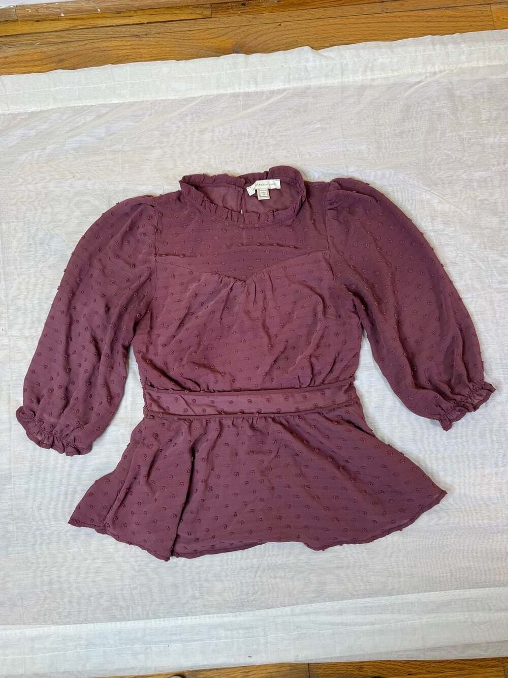 Monteau Los Angeles Swiss Dot Chiffon Long Sleeve Dusty Berry Top Size M